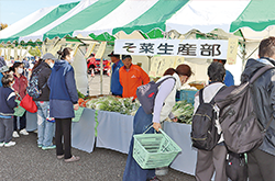 賑わう野菜販売テントの写真